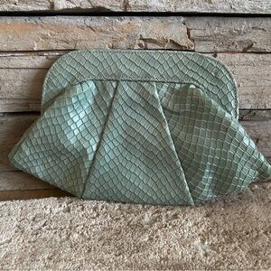 Lauren Merkin Elegant Green Snake Skin Embossed Leather Clutch Magnetic Purse
